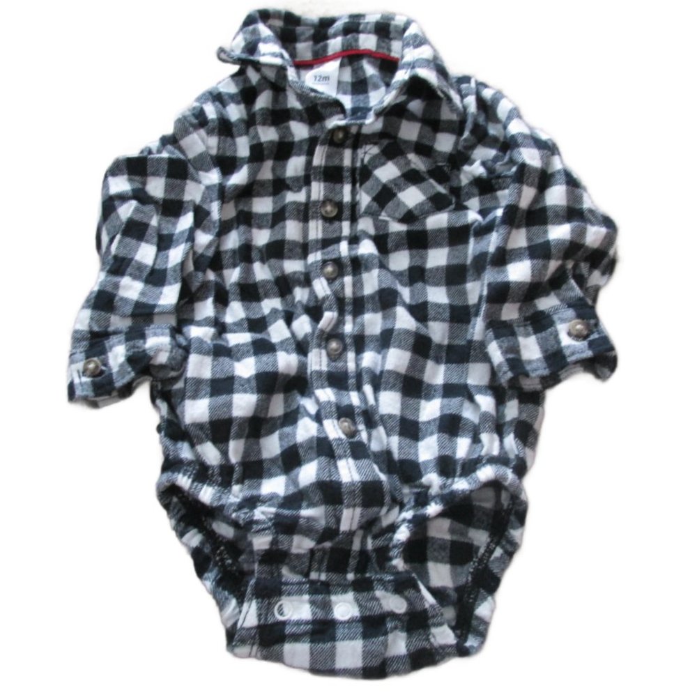 Carters Button Up Bodysuit Dress Shirt Boys 12M Black White‎ Check Long Sleeve